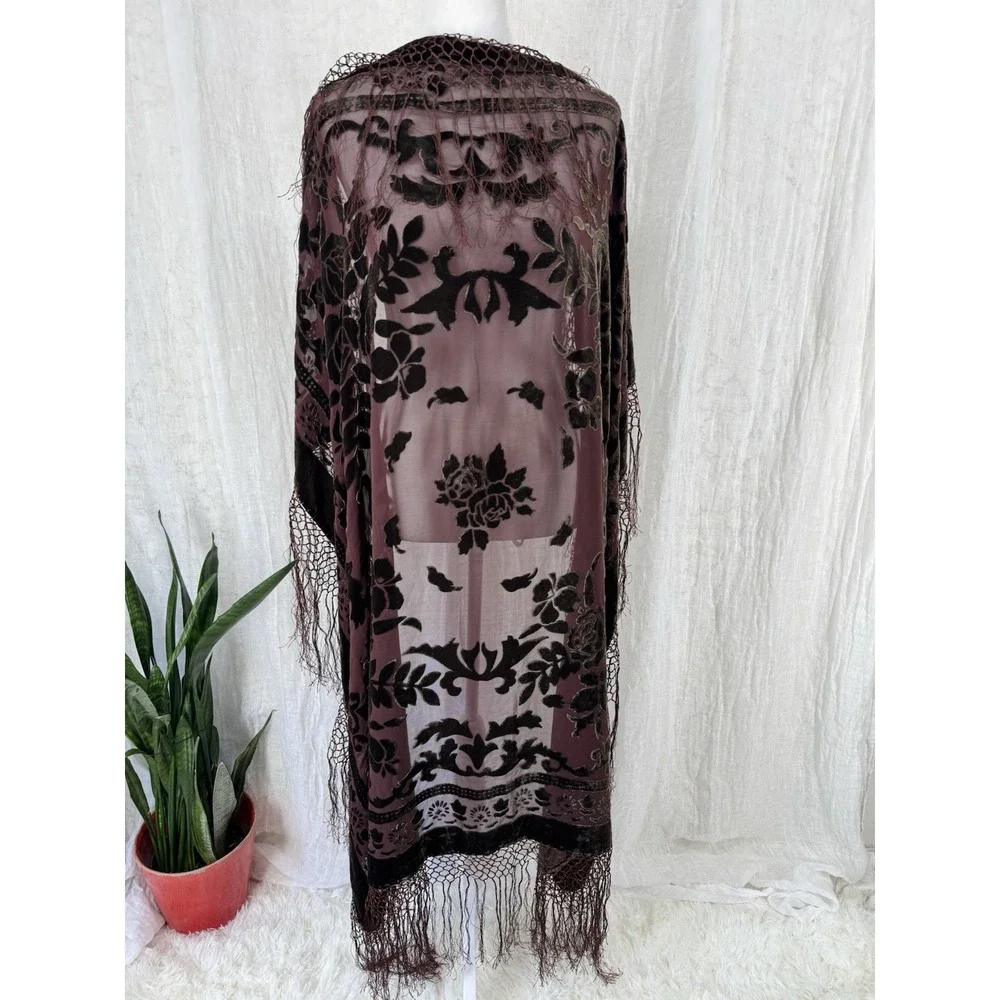 Chocolate Brown Piano Shawl Wrap Silk Velvet Burnout Fringe Whimsigoth Victorian